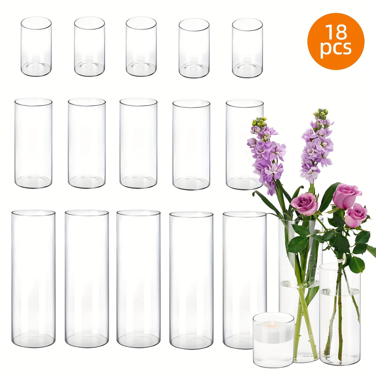 9/15/18/36/45pcs Set of Transparent Glass Cylinder/Square Vases, 4", 8", 12" Height, Assorted Sizes Glass Vases, Tall Glass Vases, Wedding Table Centerpieces, Party Table Centerpieces, Hurricane Floating Candle Holder Vases, Desktop Shelves