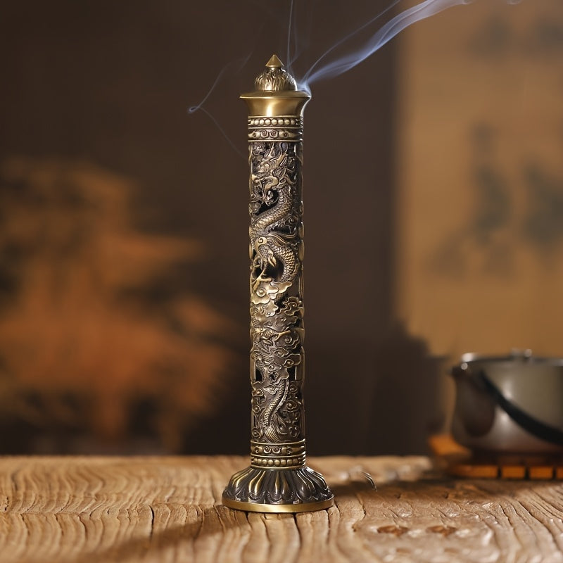 Metal Incense Stick Holder Featuring a Retro Vertical Design, Heart Sutra, Dragon, And Phoenix Motifs, Perfect for Home Or Office Ceremonial Decoration