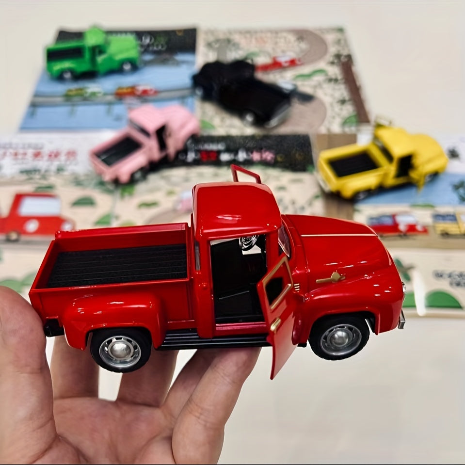 Vintage Pickup Truck Model, 4.9 x 2 x 1.8 Inch Alloy Metal Ornament with Chrome Accents in Eight Colors for Home Shelves and Office Desk Decor