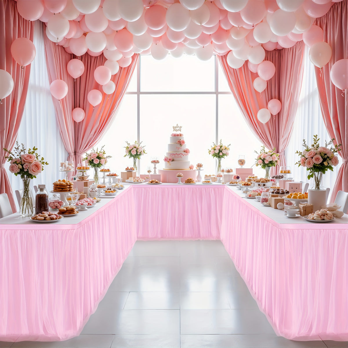 6Ft Pink Tulle Table Skirt Tablecloth, Pink Ruffle Tutu Table Skirts, for Rectangle Tables Or Round Tables Desk Skirt for Princess Birthday Party Cake Dessert Table Decorations Halloween, Christmas