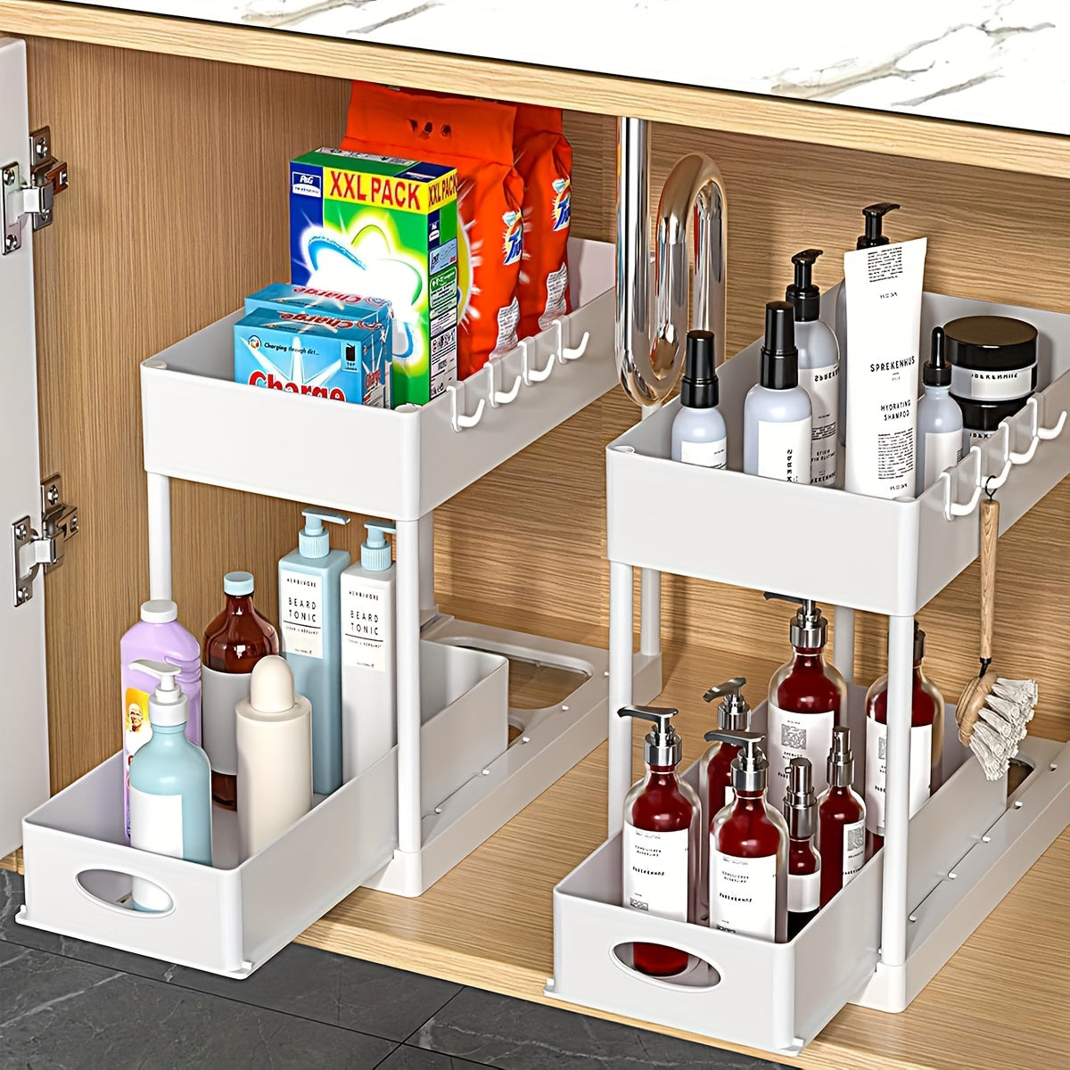 Set of 2 Under-Sink Organizers, Bathroom Cabinet Storage Solution, Dual-Tier Sliding Basket Drawers, Versatile Bath Collection Baskets for Under-Counter Storage with 8 Hooks