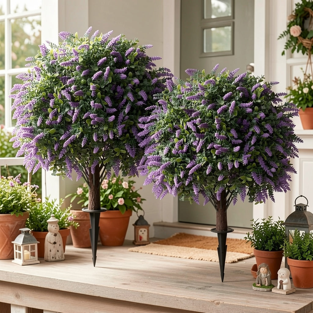 Artificial Lavender Topiary Ball Trees, 2-Pack 23.6-Inch UV-Resistant Faux Plants with Ground Spikes for Outdoor Front Porch, Patio and Garden Decor