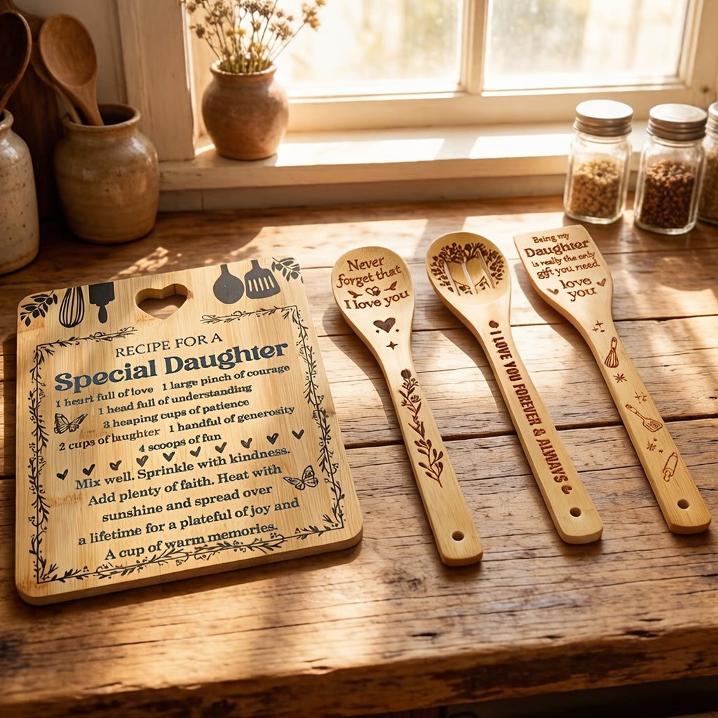 Birthday Gifts for Daughter - "Recipe for a Special Daughter" Daughter Cutting Board Set Bamboo-Made Engraved Utensil Set Birthday Gifts for Daughter Daughter Christmas Gifts