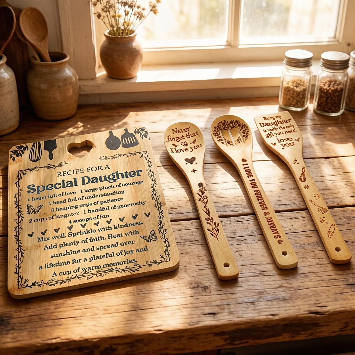 Birthday Gifts for Daughter - "Recipe for a Special Daughter" Daughter Cutting Board Set Bamboo-Made Engraved Utensil Set Birthday Gifts for Daughter Daughter Christmas Gifts
