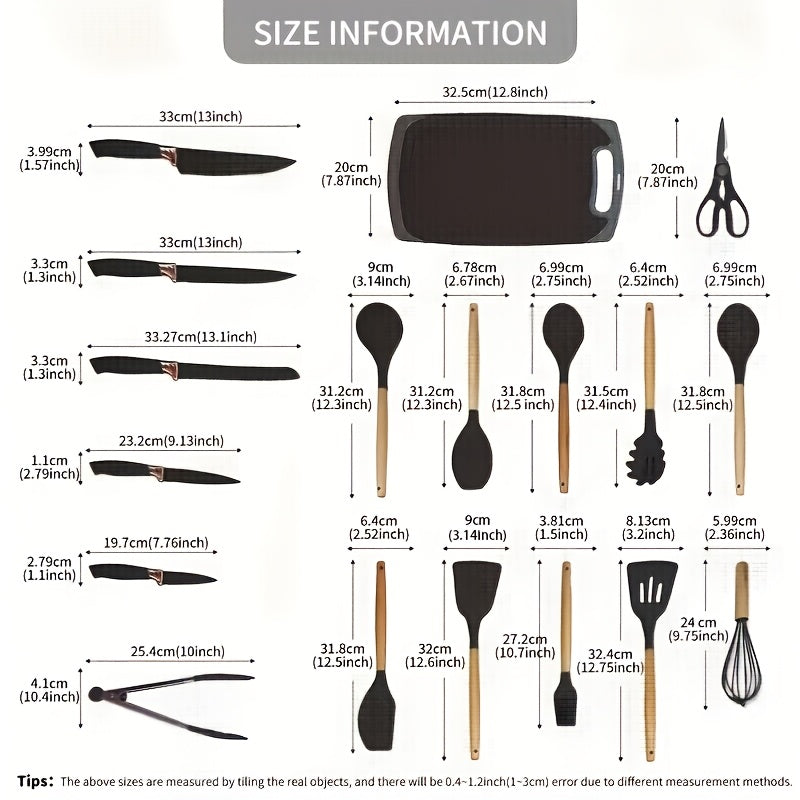 19pcs Non-Stick Silicone Cookware Set with Bamboo Storage Containers And Knives - Heat-Resistant Pots, Pans, Utensils - Kitchen Tools for Frying, Boiling - for Induction Stovetops And Ovens (Wooden Handle)