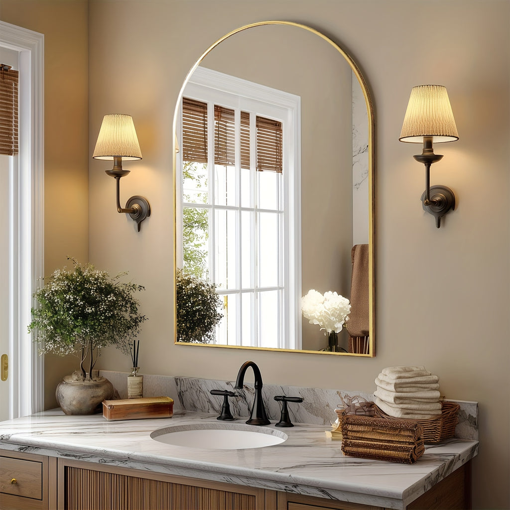 Arched Bathroom Mirror with Metal Frame - 22X30, 24X36, 26X38 Inch Wall Mounted Vanity Mirror for Bathroom, Bedroom, Entryway in Golden Or Black