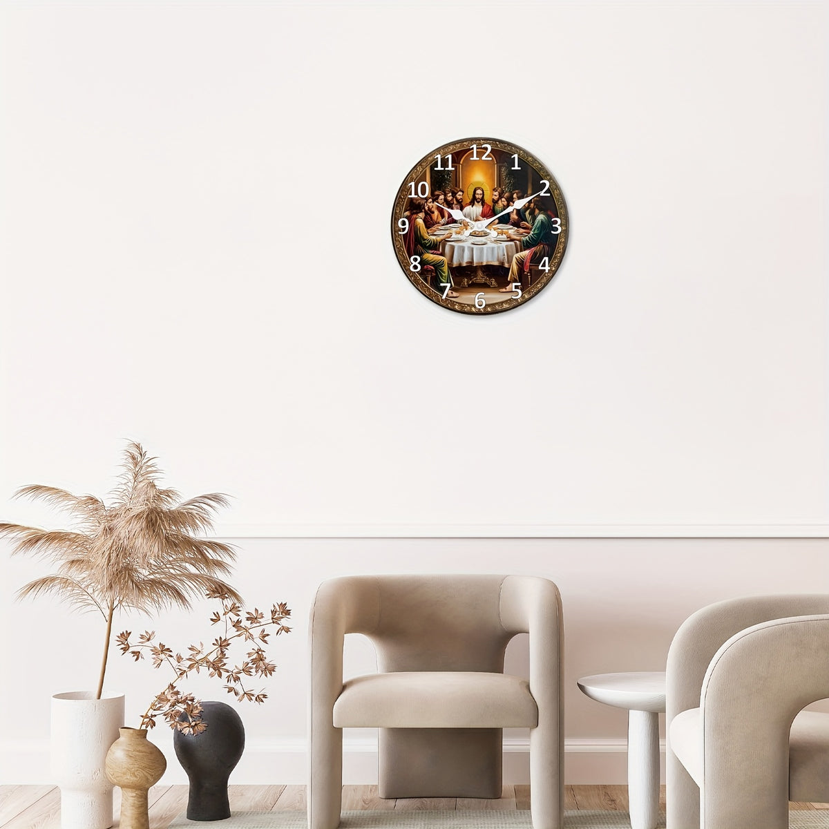 Religious Last Supper Wall Clock- Silent Non-Ticking Mute Clock& Disciples, Large Face, Golden Hands& Roman Numerals- Artificial Construction for