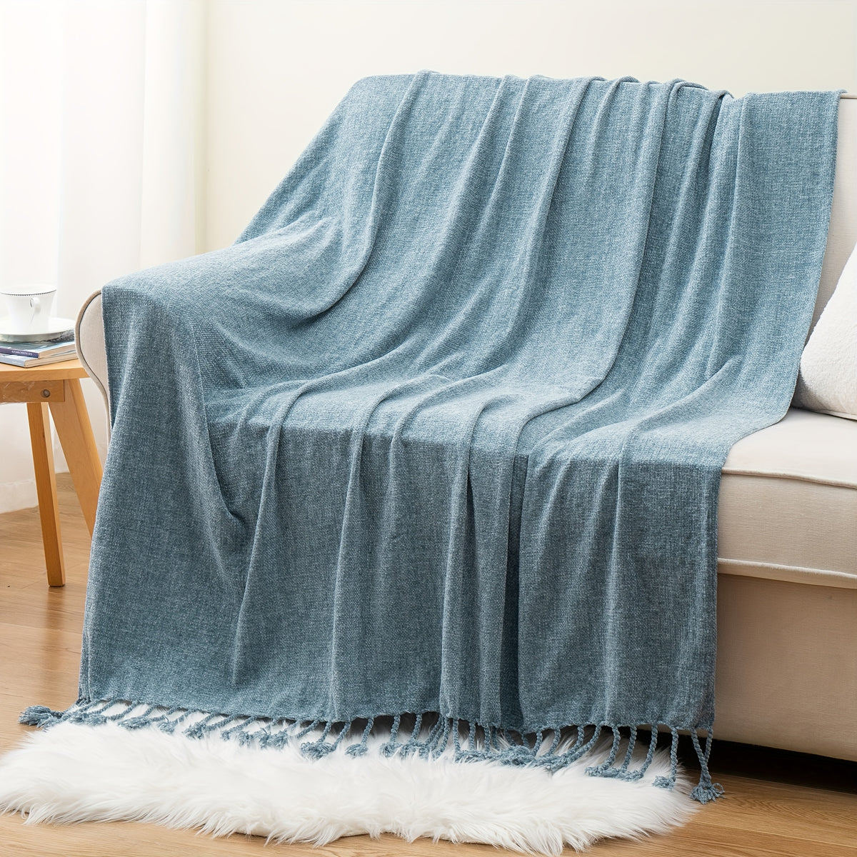Decorative Fringe Velvety Throw Blanket for Sofa Home Decor, Chenille Throw Blanket for Couch, 50"x60"
