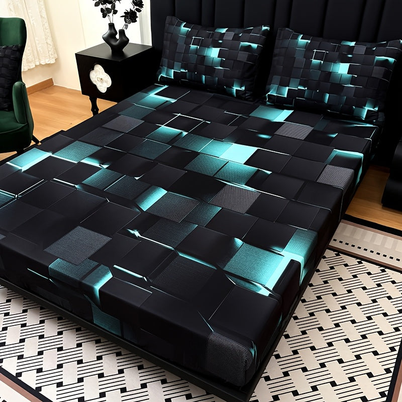 2D Flat 3pcs Cool Technology Digital Printing Material Plaid Fitted Sheet(1pc Bed Sheet+2pcs Pillowcase No Filling) Deep Pocket In 15 Inch, At Home Dormitory Suitable for All Seasons Mattress Protector