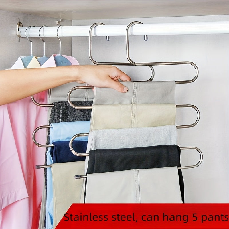 5 Tier Stainless Steel Pants Hanger S Shaped, Non Slip, No Mark Multi Layer Organizer For Closet Storage, Ideal For Jeans & Trousers, Space-Saving Design For Neat Wardrobe Organization, Clothes Organizer Storage