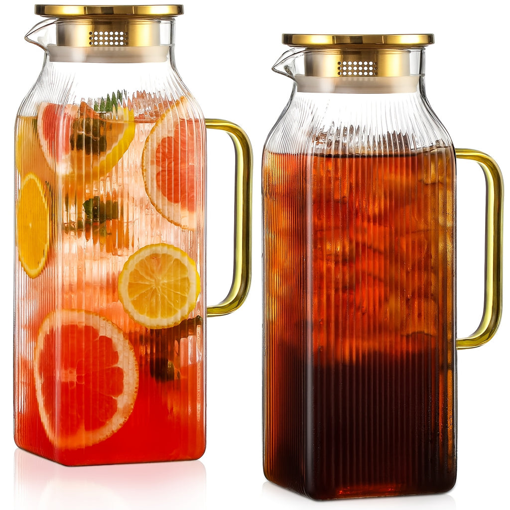 1 Pack/2 Pack 68oz Square Glass Pitcher with Lid And Handle for Fridge, Iced Tea And Coffee Carafe Beverage Serveware, Heat Resistant Borosilicate Water Jug for Hot/Cold Drinks And Milk, 304 Stainless Steel Lid
