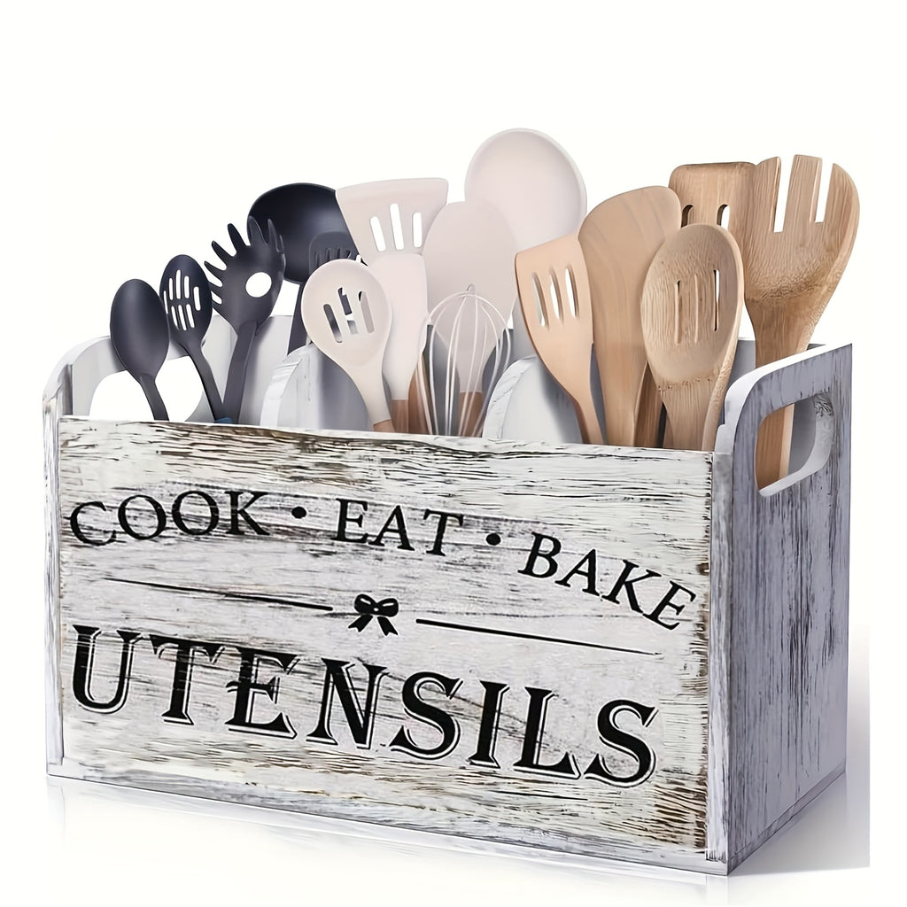 1pc of a Spacious Rustic Wooden Organizer for Kitchen Utensils, Featuring a Handle And Three Compartments. It Can Be Placed on The Countertop Or Mounted on The Wall, Making It Ideal for Storing Cooking, Dining, And Baking Tools