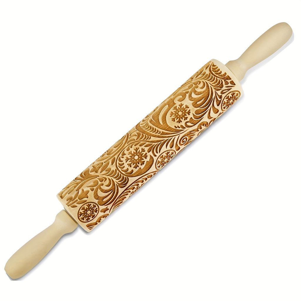 1pc Wooden Rolling Pin with Christmas Snowflake Pattern - Engraved Embossed Cookie Cutters, Ideal for Baking and Kitchen Decor, Perfect Gift for Birthdays, Holidays, and Moving, Festive Kitchen Tool|Decorative Rolling Pin|Durable Rolling Pin