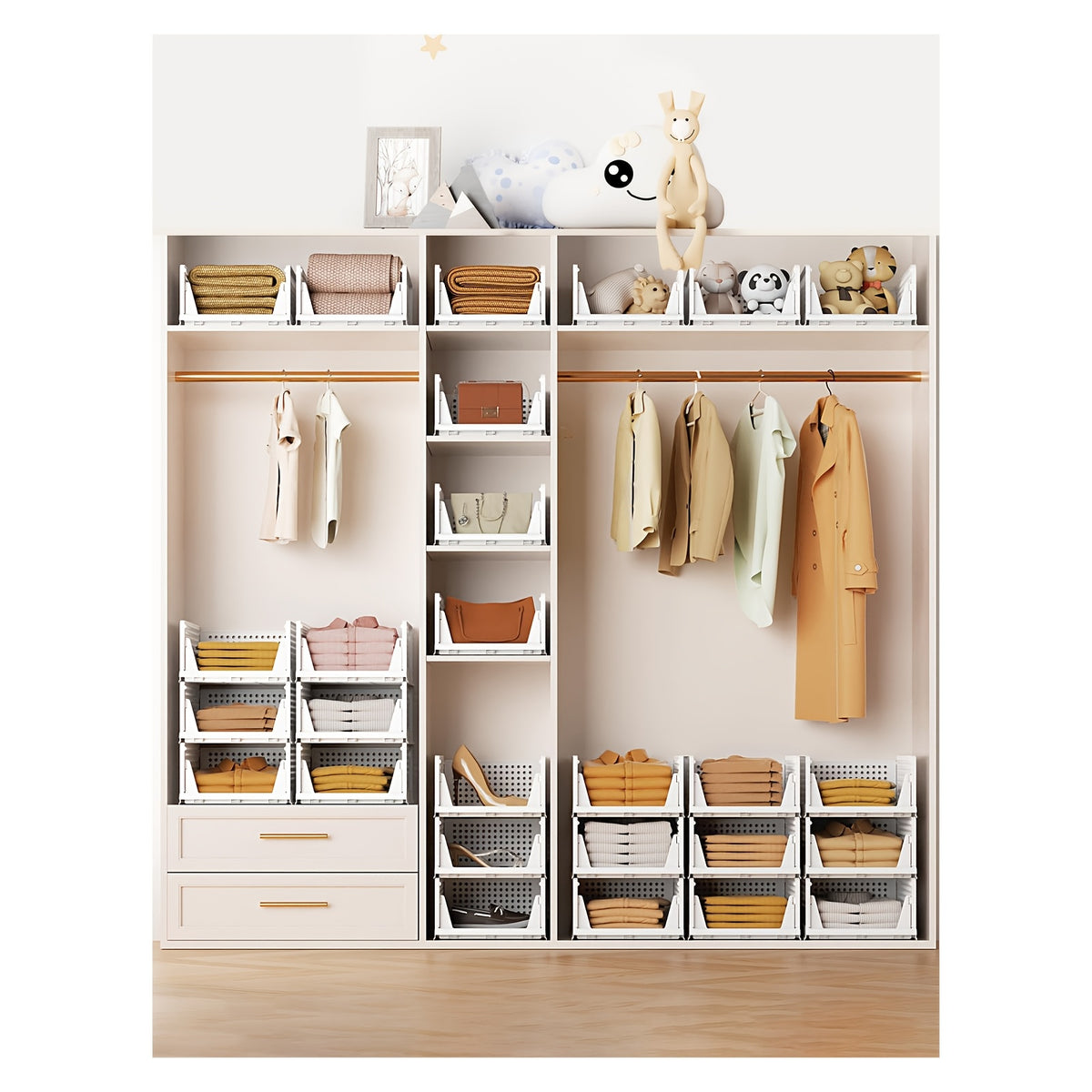 3pcs Stackable Closet Storage Basket, Multifunctional & Foldable Closet Organizer for Bathroom, Kitchen, Laundry Room, And Wardrobe Storage, Space-Saving Clothes Storage Drawer Organizer, Under-Bed Storage, Mounted Closet Systems