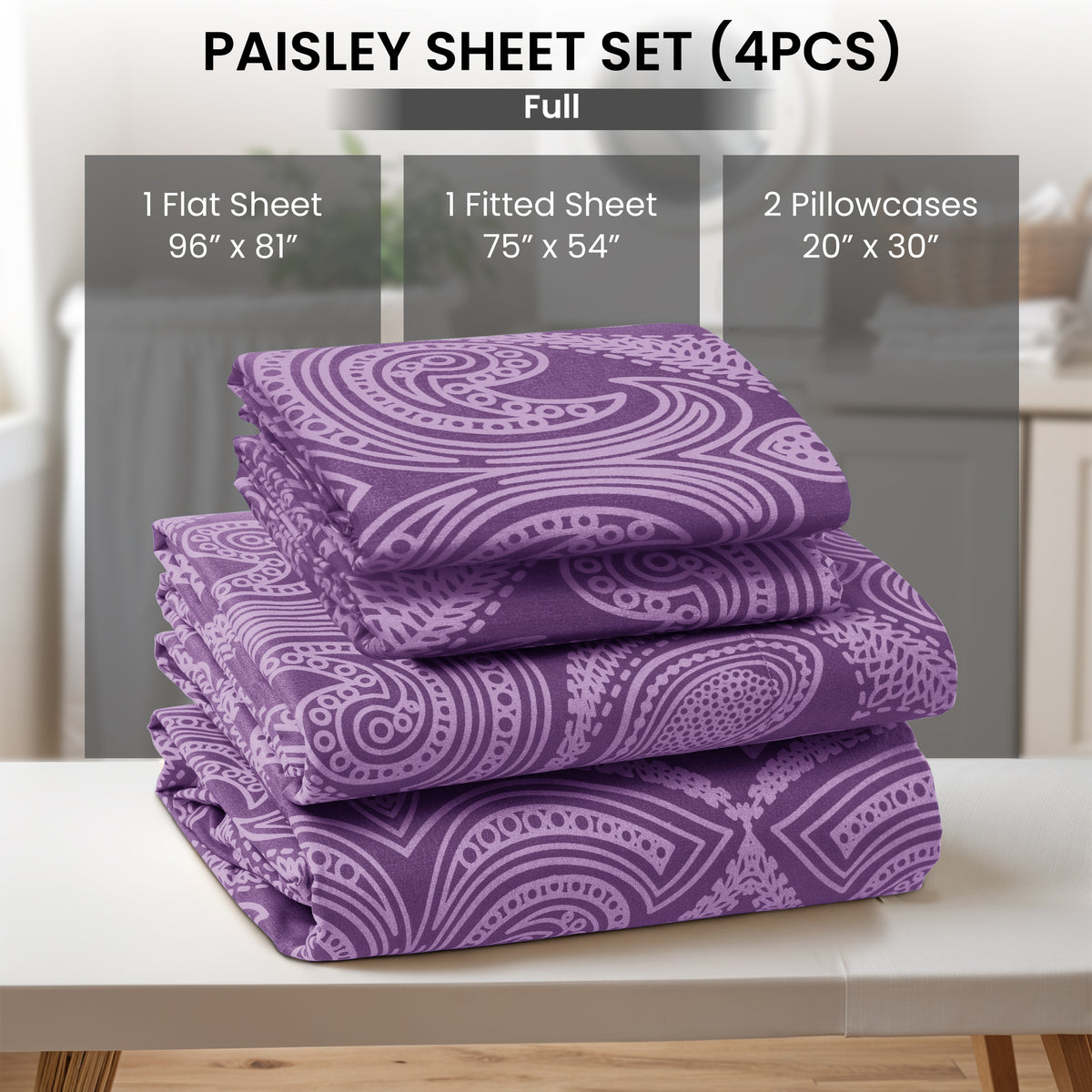 Paisley Bed Sheet Set, Soft Double Brushed Microfiber Bedding with 16-Inch Deep Pocket Fitted Sheet and Pillowcases in Six Sizes for Bedroom Comfort