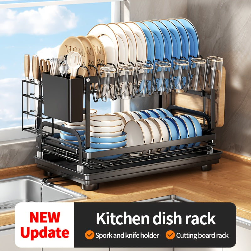 Two-tier Metal Kitchen Countertop Dish Rack Is Space-saving And Durable. It Comes with A Knife And Fork Holder, A Cup Rack, A Cutting Board Holder, And A Rust-proof Draining Tray. It Organizes Your Tableware And Helps Keep Your Kitchen Neat And Tidy.