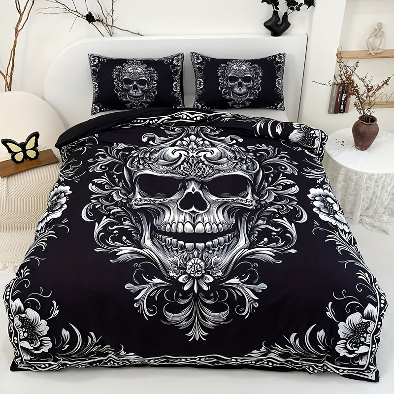 3pcs Black And White Skull Design Victoria Baroque Gothic Duvet Cover Set (1 Duvet Cover + 2 Pillowcases Without Pillow Insert), Halloween Collection, High Definition Numeric Print for Queen And King Size in Home Dormitory