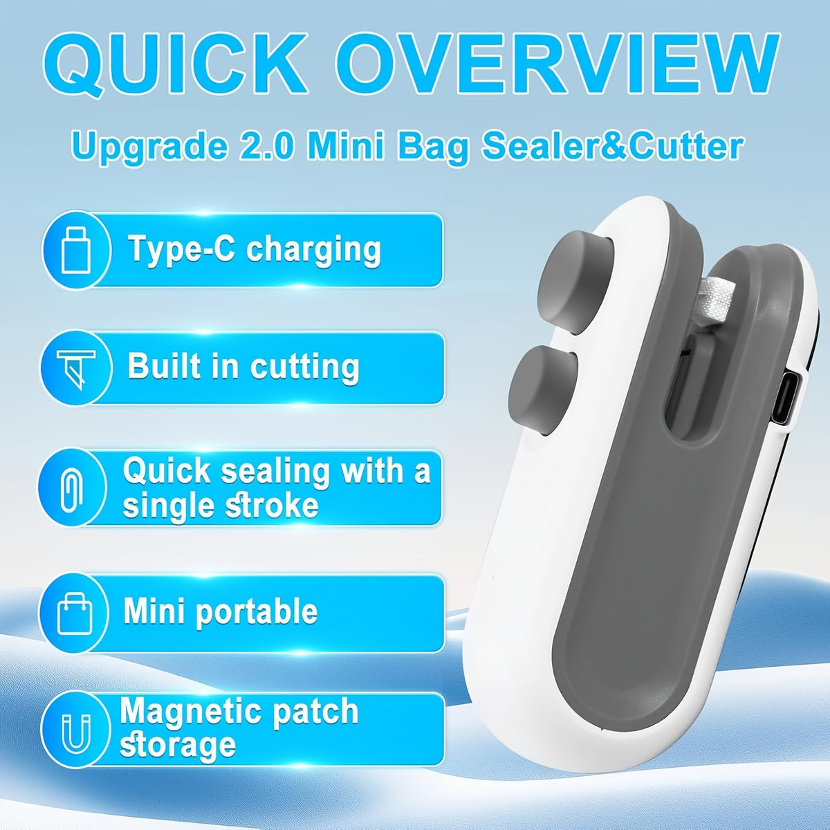 Buy 1 Get 1 Free, Total Of 2pcs Mini Bag Sealer, USB-C Rechargeable Bag Sealer, 2 In 1 Bag Sealer Heat Seal With Cutter And Magnet, Mini Bag Resealer Machine For Plastic Bags Snack Bags, Snacks Bag Sealer, Heat Sealer