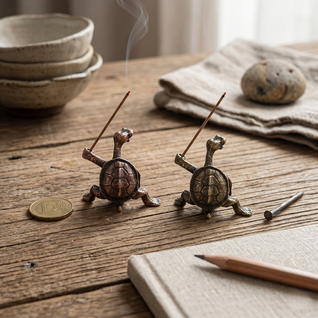 2pcs Brass Turtle Incense Holder - Kung Fu Style, Creative Home Decor Craft, Meditation Holder Brass Turtle And Red Copper Turtle