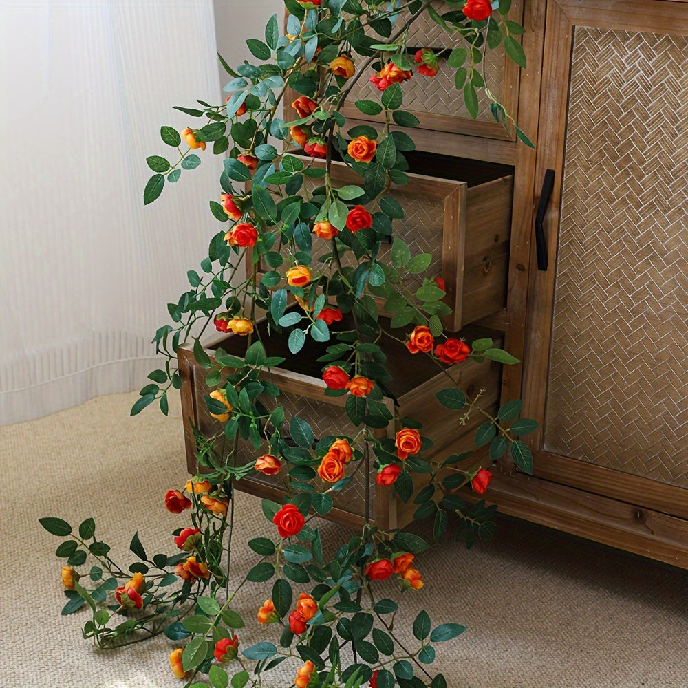 1 Double Pink Rose Vine - Artificial Garland with Richly Layered Petals, Soft Color Transitions, and a Design That Closely Mimics the Form of Real Roses. Paired with Lush Foliage, It Creates a Vibrant, Natural Vitality. Perfectly Blends into French