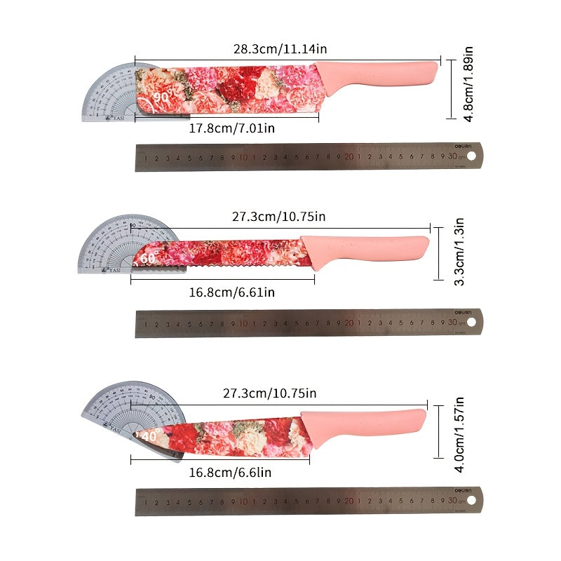 6pcs Jasmine Flower Pattern Kitchen Knife Set Colorful Printing, High Carbon Stainless Steel Blades, Ergonomic Handles, Sharp Meat Cleaver, Serrated Bread Knife, Precise Scissors, Peeler - Perfect Cooking Gifts for Women And Men, Kitchen Essentials