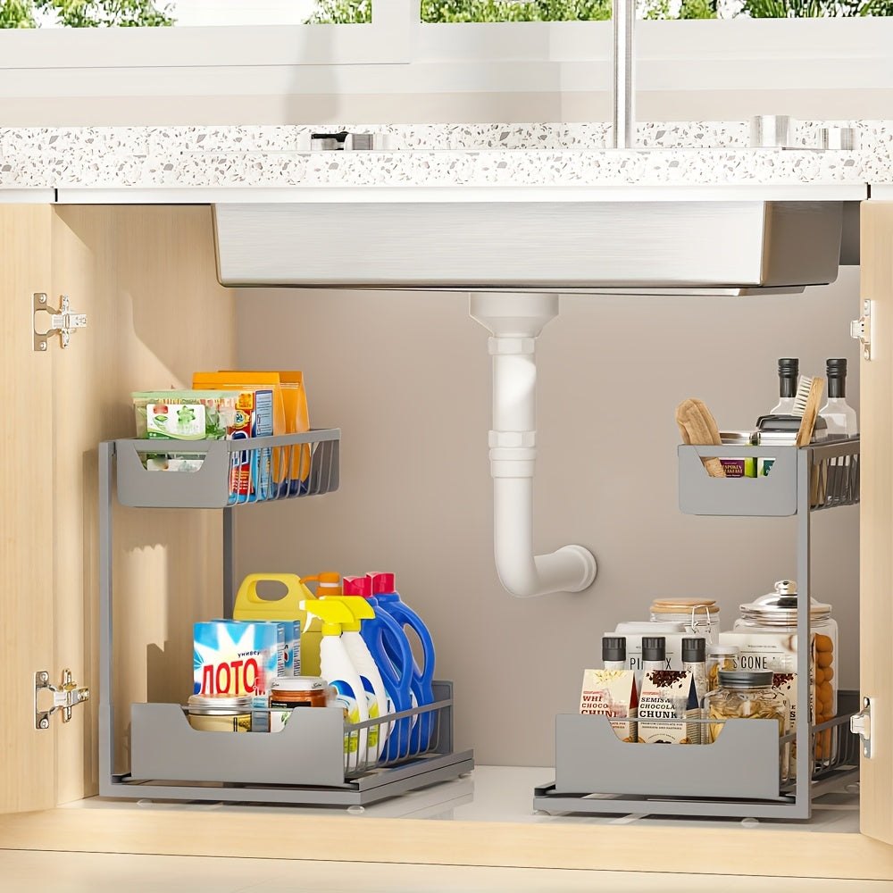 Sliding Under Sink Storage Rack, Two-Tier Metal Cabinet Organizer with Narrow Upper Basket and Pull-Out Lower Drawer in Black White or Gray, 1 or 2 Pack