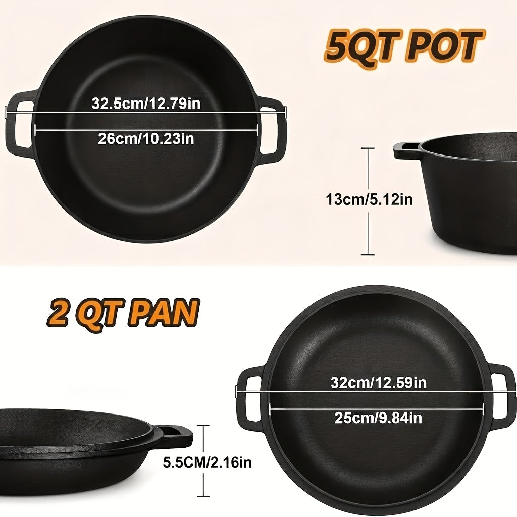 7QT Hand-built 2-in-1 Cast Iron Cookware Set (5.1QT Dutch Oven + 1.9QT Skillet) Dual-Purpose Holiday Cooking Kit For Stove, Induction, Oven, Campfire, With 2 Handles Outdoor BBQ &Indoor Make Sourdough Bread, Frying, Baking, Camping