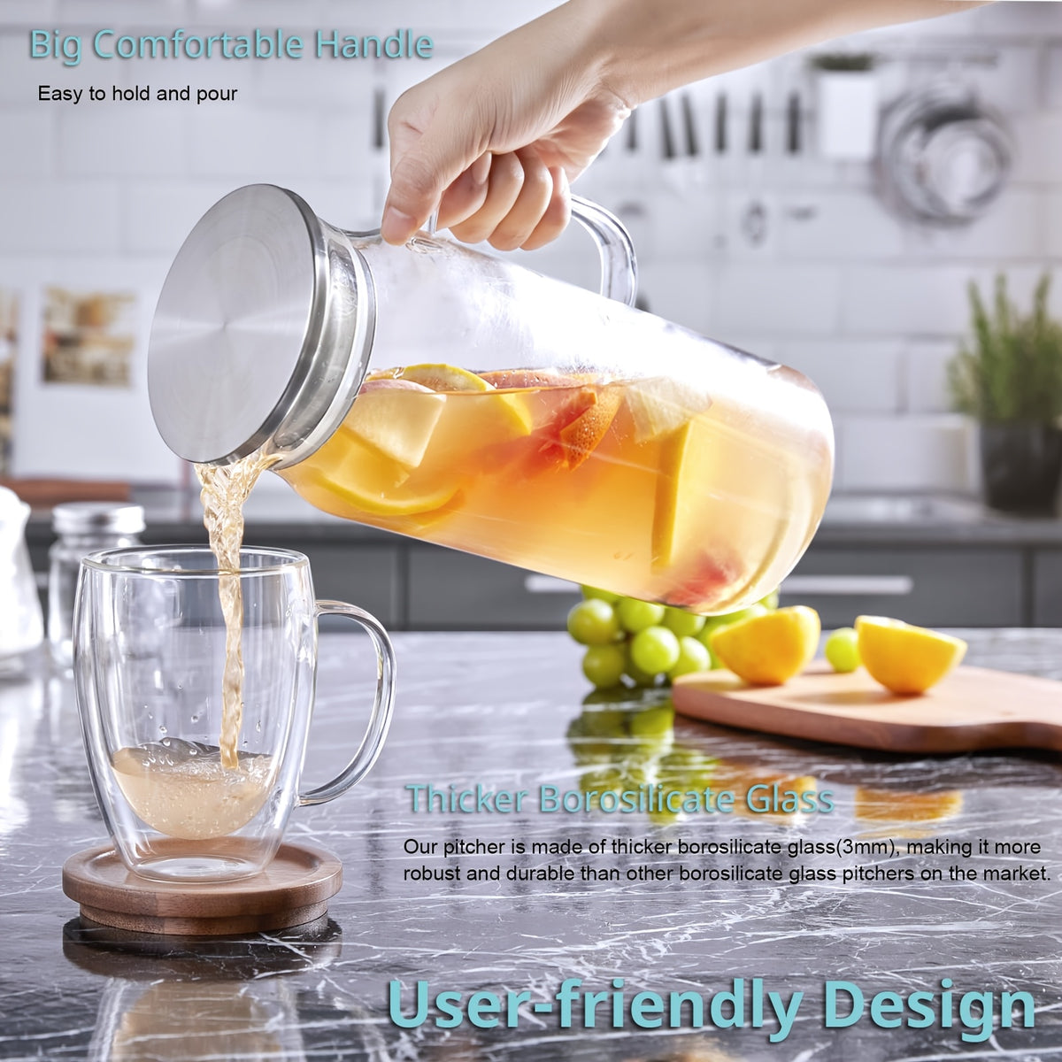 1 Pack/2 Pack 68oz Square Glass Pitcher with Lid And Handle for Fridge, Iced Tea And Coffee Carafe Beverage Serveware, Heat Resistant Borosilicate Water Jug for Hot/Cold Drinks And Milk, 304 Stainless Steel Lid