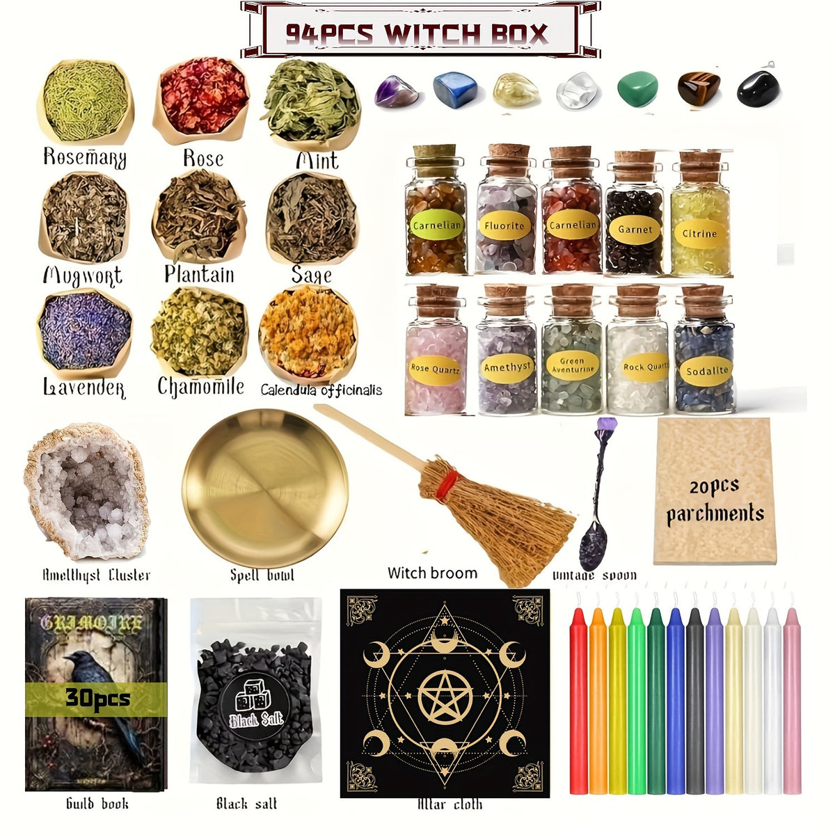 94/130/Large Witchcraft Supplies Kit for Spells, Witch Box Includes Pink Candles, Wiccan Supplies And Tools, Beginner Witchcraft Kit for Pagan Rituals Halloween