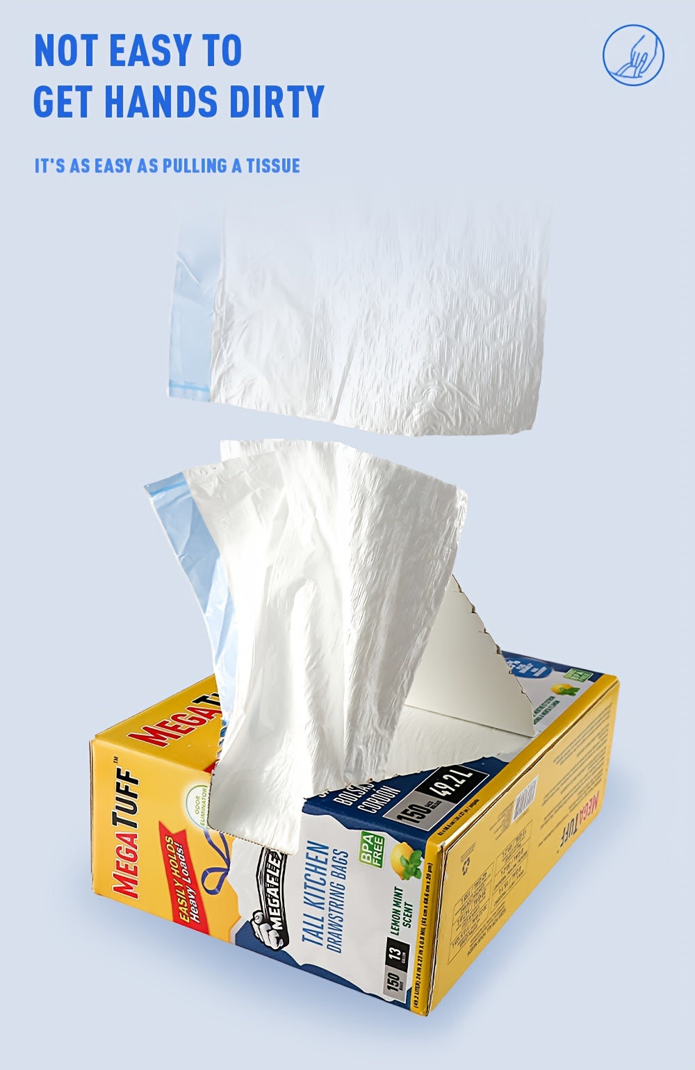 150 Bags Boxed Disposable Non Tear Garbage Bag Puncture Tear Resistant Trash Bags, 50 Bags/Roll 13 Gallon Capacity, ODOR ELIMINATORTECHNOLOGY Kitchen Drawstring Garbage Bags Fresh Clean Scent with Lemon Mint Scent, EASY to USEDRAWSTRINGS MORE DURABLE
