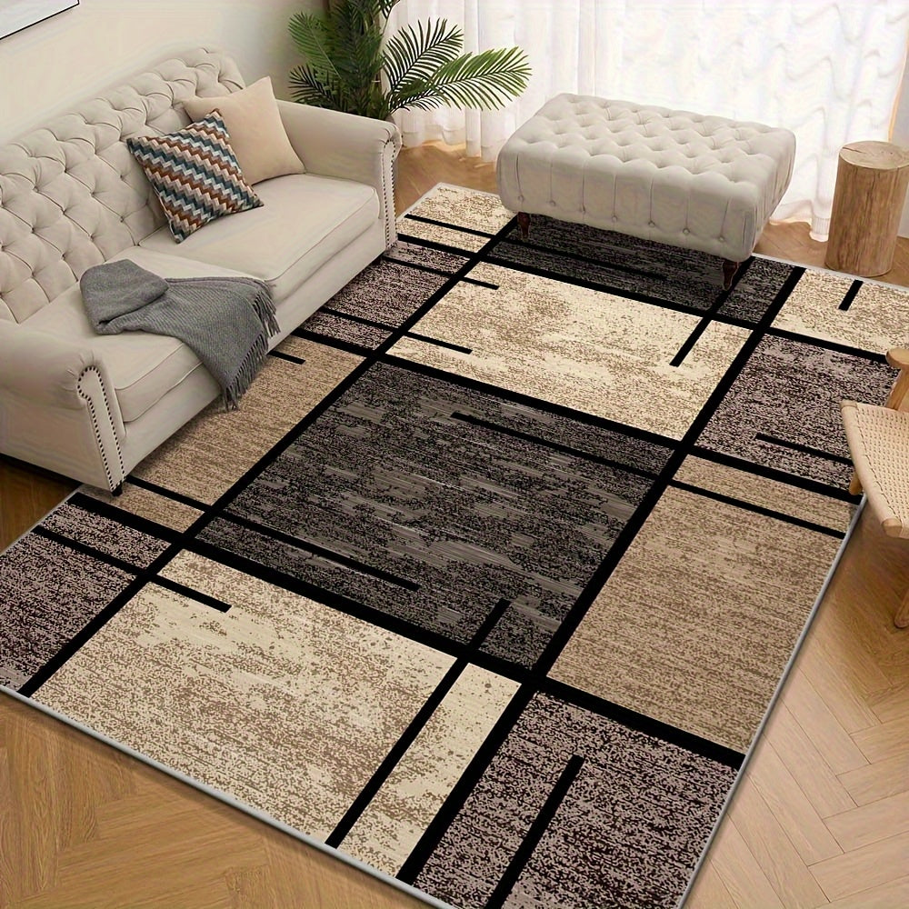 Luxury Velvet Area Mat - Premium Machine Washable, Fade-Resistant Polyester Mat for Living Room, Bedroom, Office, And Outdoor Decor - Rectangle, Lightweight, And Easy to Clean - 850 GSM, Beige And Brown Geometric Pattern, Comfortable Bedroom Mat