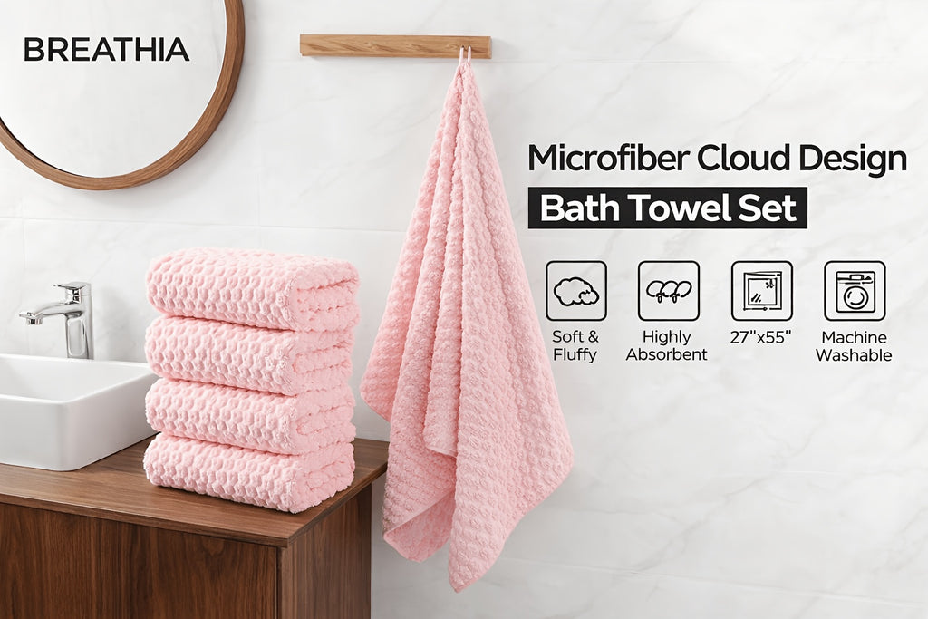 [5pcs Coral Fleece Towels] 5pcs Coral Fleece Bath Towel Set, 4 Soft Absorbent Bath Towels 27" X 55" with Hair Drying Cap, Quick Dry Plush Towels with Hanging Loop for Bathroom, Shower, Home