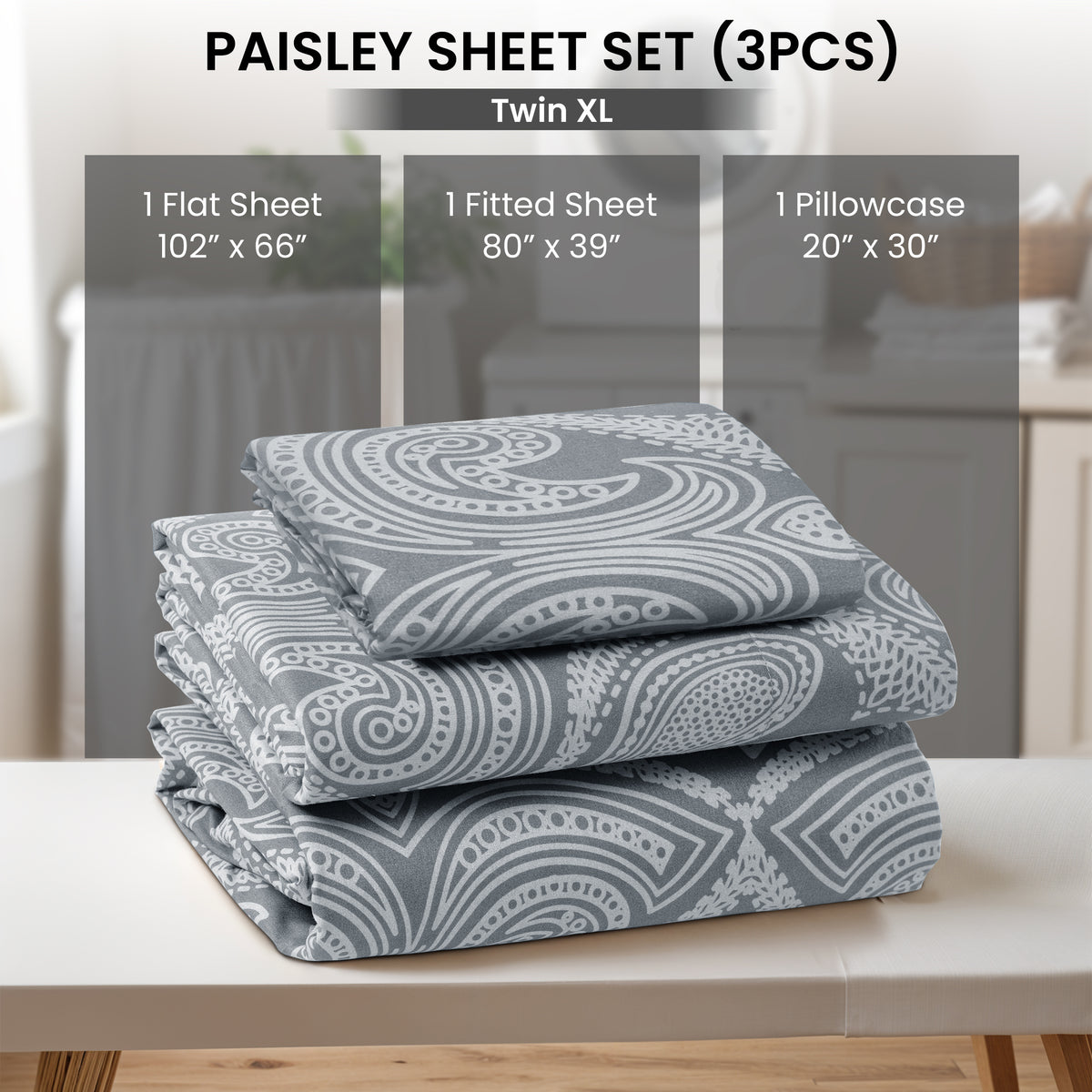 Paisley Bed Sheet Set, Soft Double Brushed Microfiber Bedding with 16-Inch Deep Pocket Fitted Sheet and Pillowcases in Six Sizes for Bedroom Comfort