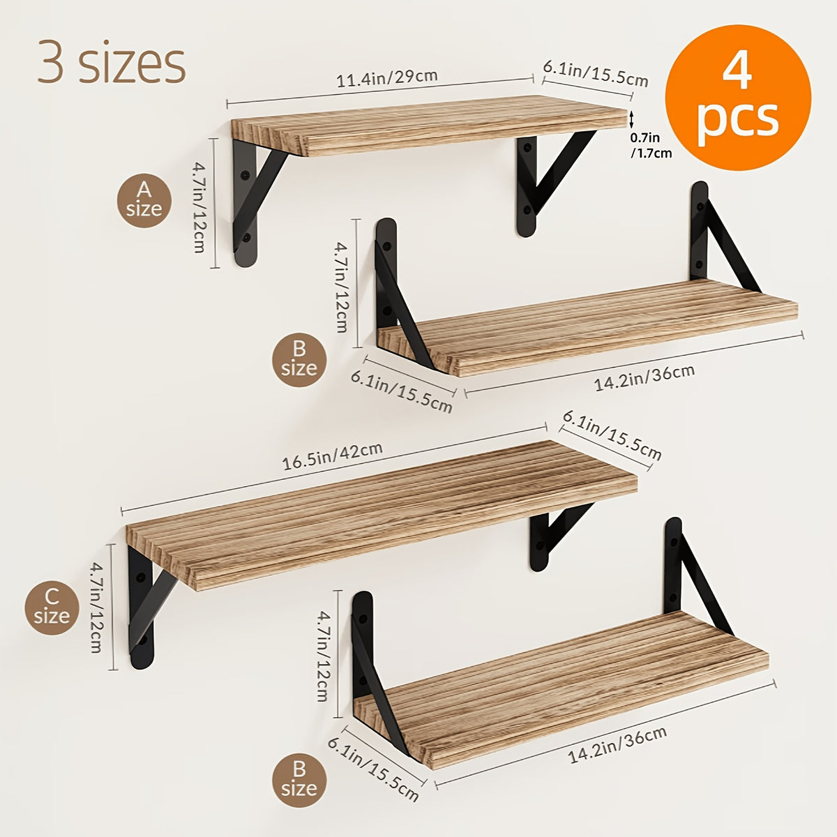 Floating Display Shelves, 4-Piece Wall Mounted Storage Set in Wood Color, Walnut Color or Black and White for Bedroom, Bathroom and Living Room Decor