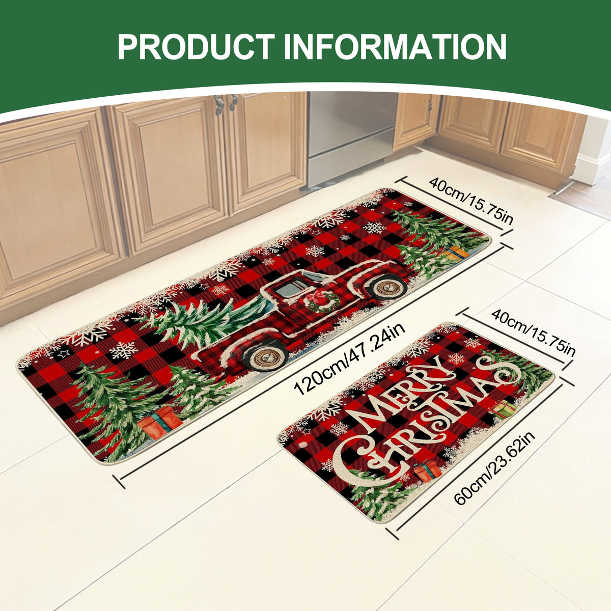 2pcs Christmas Kitchen Floor Mat Set, Christmas Kitchen Rug Set 2pcs Farmhouse Truck Red Buffalo Plaid Christmas Kitchen Decor, Perfect for Kitchen, Home Office, Laundry Room, Bathroom - Timeless Farmhouse Decor, Premium Flange 0.47 Inch Memory Foam Non-S