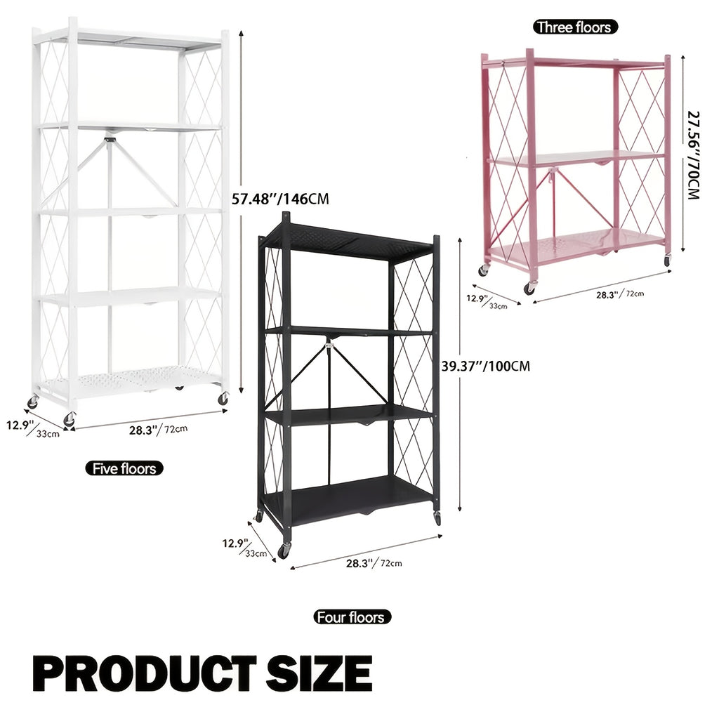 3/4/5-Tier Portable Multifunctional Storage Rack, Floor-Standing Storage Rack with Lockable Wheels, Space-Saving, No Assembly, Foldable Storage Shelf with Durable Carbon Steel Frame for Bedroom, Balcony, Garden, Standing Shelf