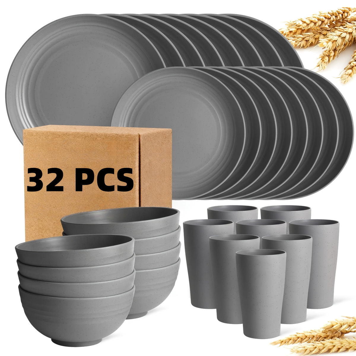 16pcs/32pcs Kitchen Wheat Straw Large Size Dinnerware Set, for 4/8, Unbreakable Modern Dish Set Dinner Plate/Dessert Plate/Cereal Bowl/Cup, Dishwasher Safe, Lightweight Tableware, Camping And Everyday Use, Gifts for Men/Women/Christmas/Halloween