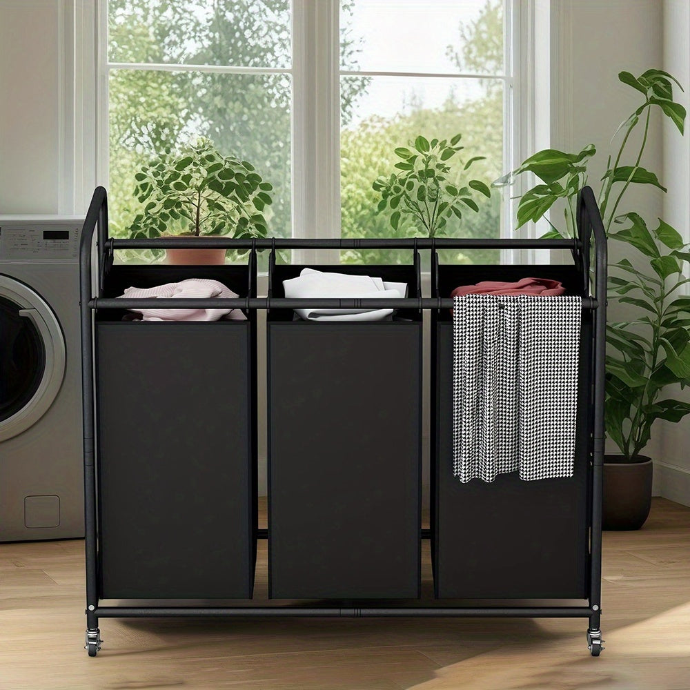 Laundry Basket 3-Bag Sorter 63.4gal Laundry Home Decor Hamper Cart with Heavy Duty Rolling Lockable Wheels And Removable Bags Included for Bedroom, Laundry Room - Sturdy Fabric Storage Bin, Laundry Baskets