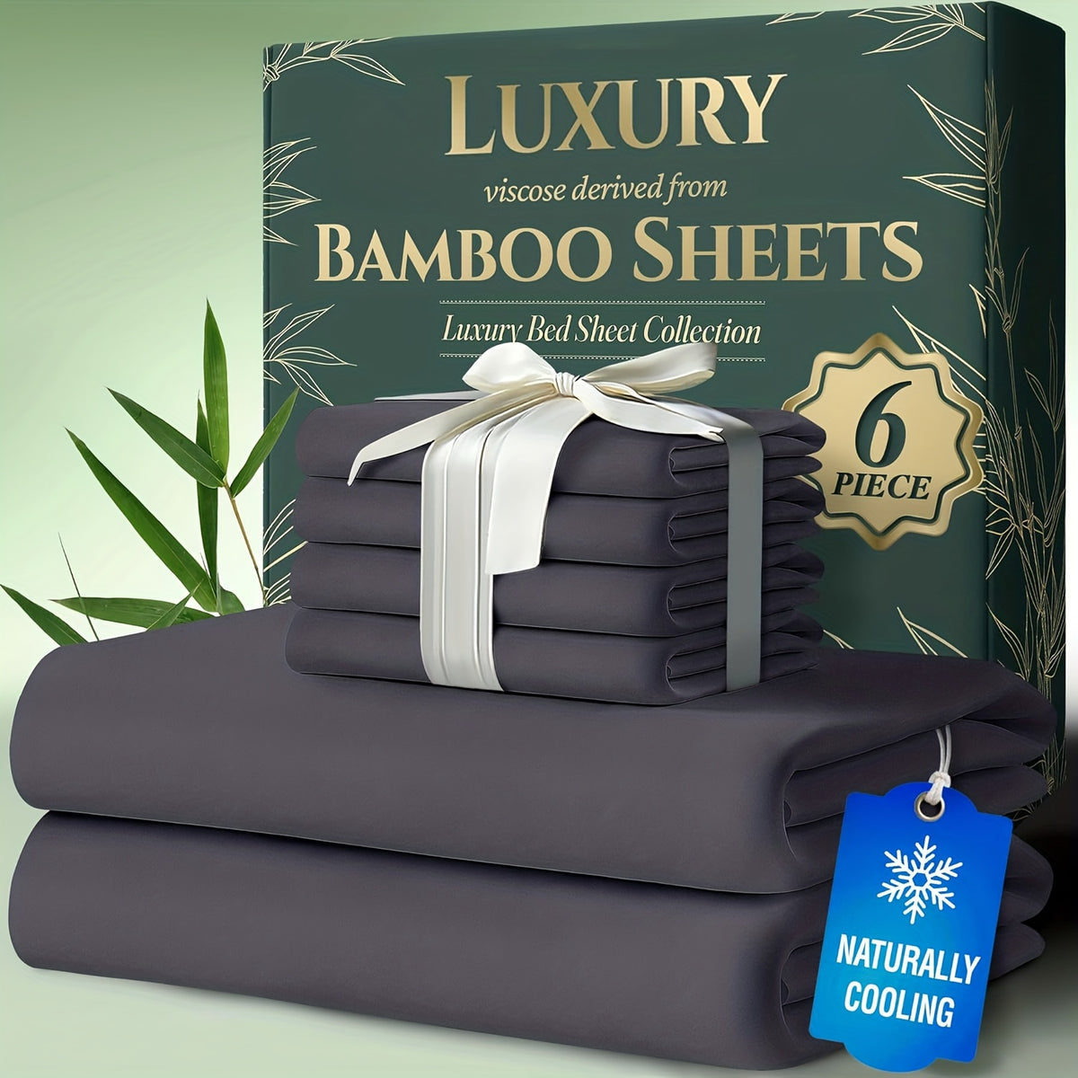 Deep Pocket Bamboo Cooling Bed Sheets 6pcs - Bamboo Luxury Cooling Sheets for Hot Sleepers - Cloud Soft, 17" Deep Pocket Fitted Sheet, Ultra Durable Bed Set for Room Decor
