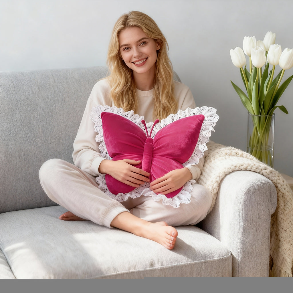 Butterfly-Shaped Decorative Pillow Home Decor Cushion with White Lace Trim Luxurious Velour Fabric And Fill Lumbar Support Cushion for Sofas, Beds, Cars, Offices - Perfect Gift for Women, Housewarming, Christmas, Valentine'S Day Machine Washable