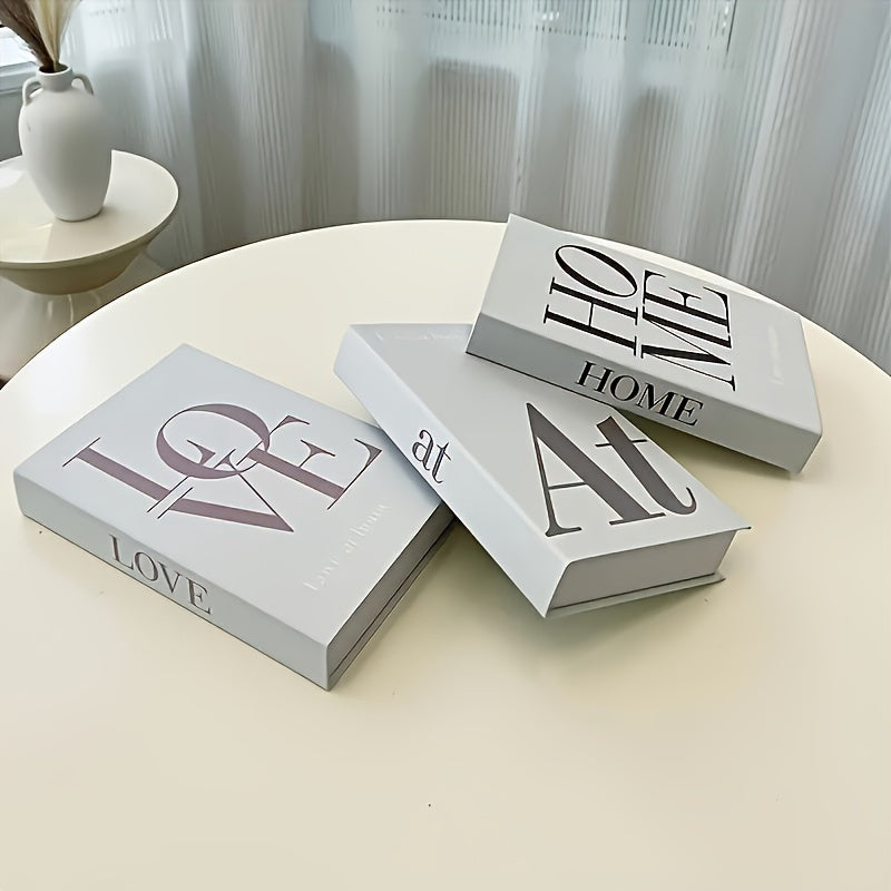 Typography Decorative Book Set, 3 Nordic Faux Books with HOME LOVE and at Lettering for Coffee Table Styling, Living Room Shelves and Office Decor