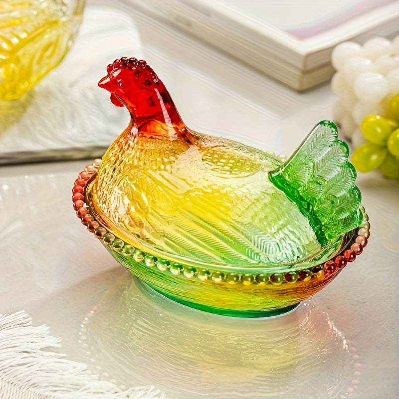Glass Hen Candy Dish with Lid, Chicken Shaped Storage Jar in Orange, Colorful, Amber or Clear Options for Wrapped Treats, Jewelry and Table Decor