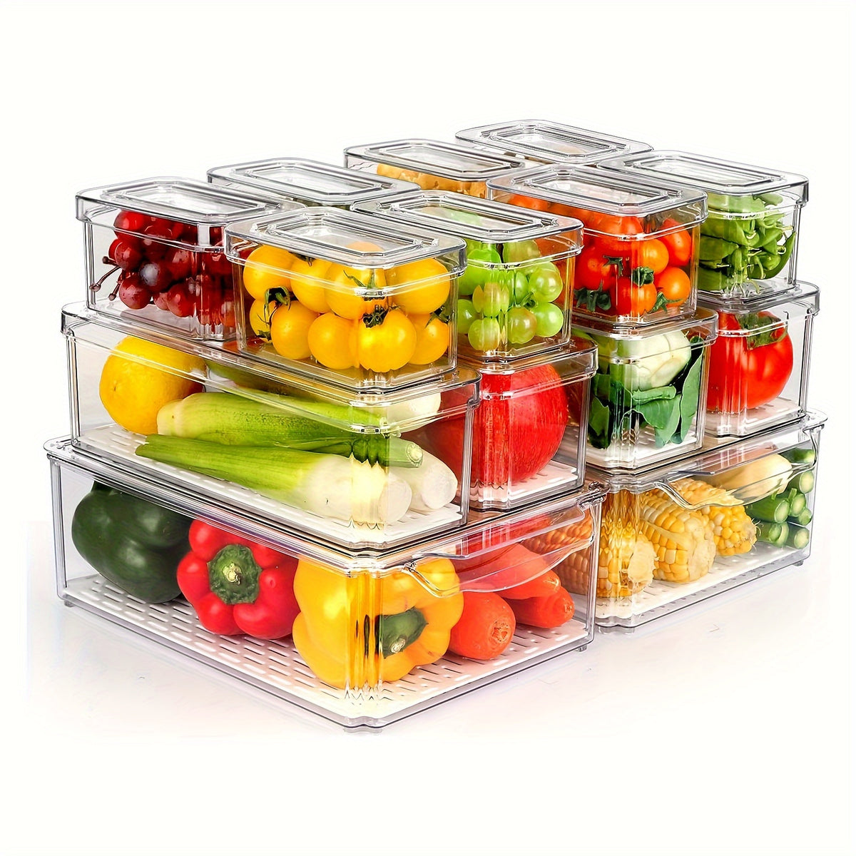 14 Pack Fridge Organizer, Stackable Refrigerator Organizer Bins with Lids, Fridge Organizers And Storage Containers for Fruit, Vegetable, Food, Drinks, Cereals, Clear