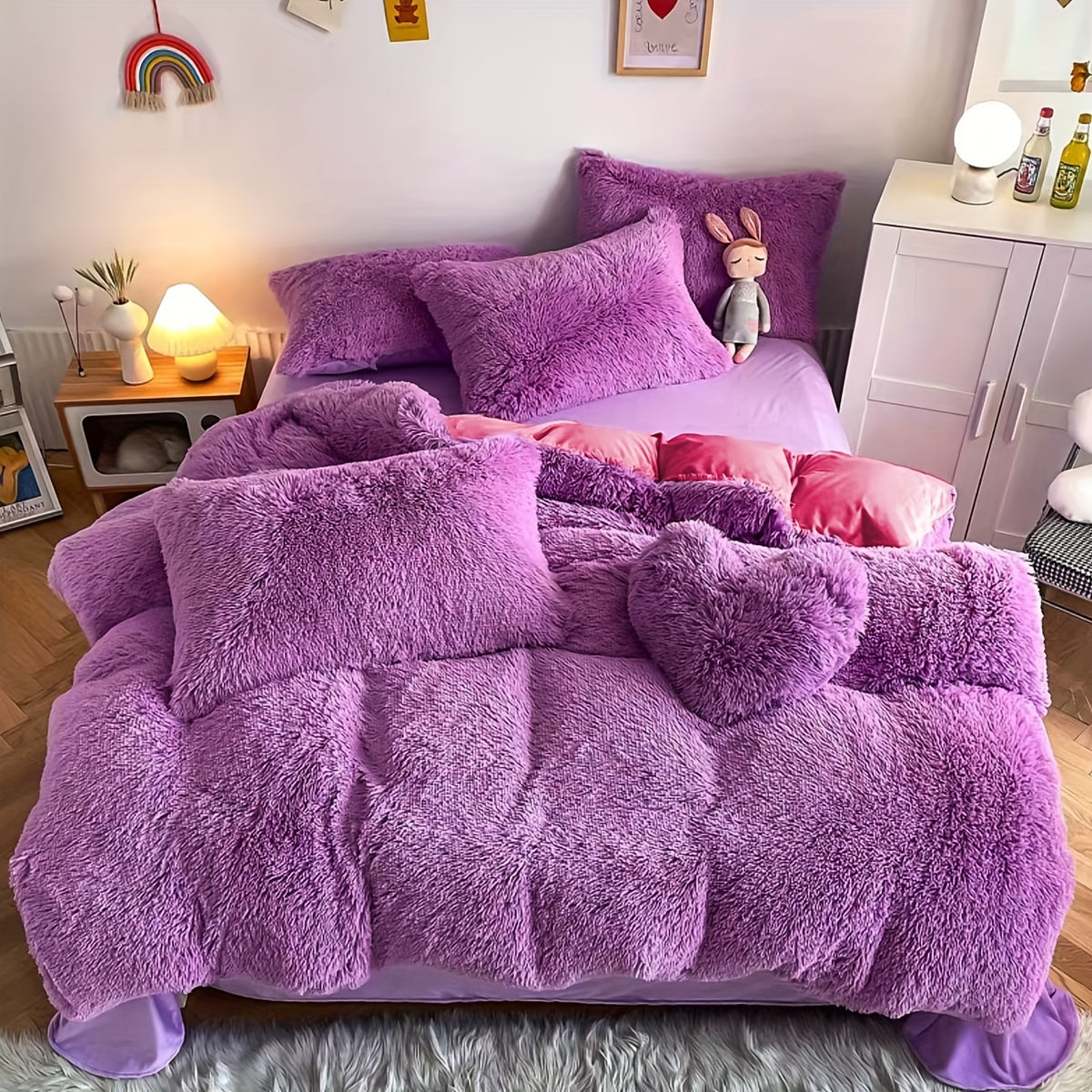 3/4pcs Plush Faux Fur Comforter Cover Set for Kids & Teens - Includes Pillowcases + Plush Heart Pillow - Twin/ Queen/ King Sizes - Super Soft, Warm, Machine Washable (Duvet Cover Only, No Comforter)