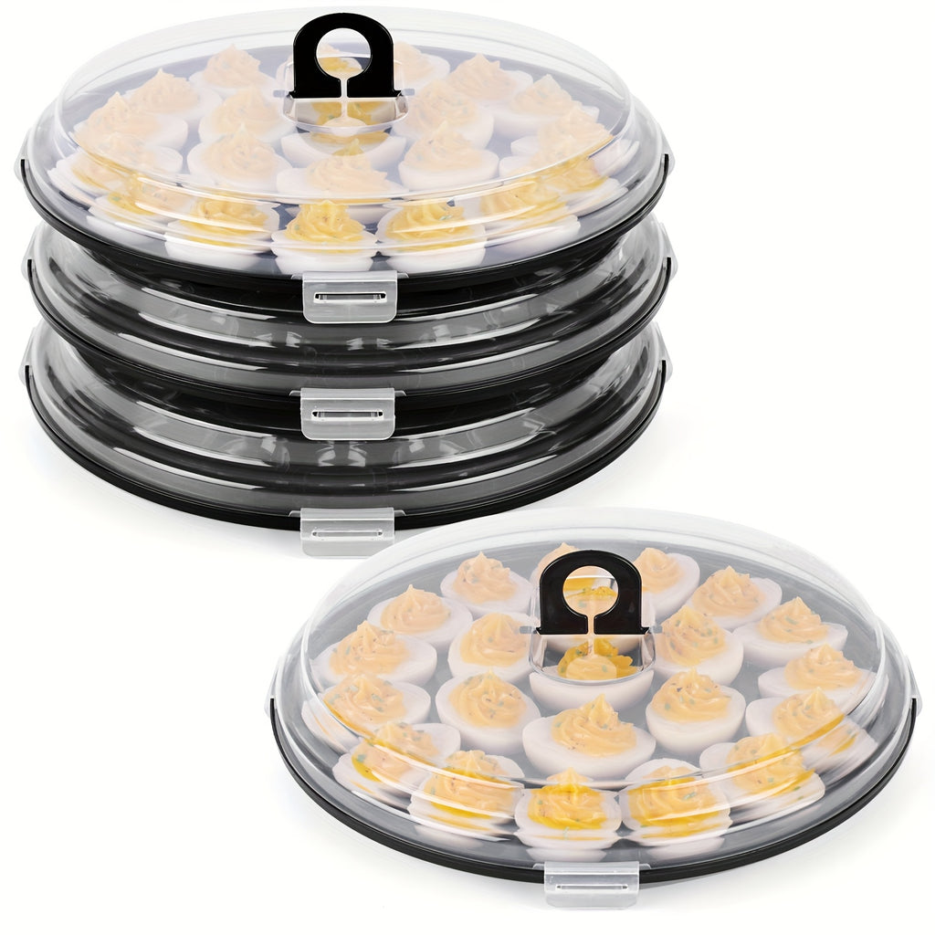 3pcs Deviled Egg Carriers For Kitchen, Black Plastic Round Egg Platters With Lid, 11.8Inch Portable Egg Tray With 66 Slots, For Large Capacity Kitchen Supplies For Valentine'S Day, Birthday Party, Family Gatherings, Wedding, Kitchen, Easter, Camping