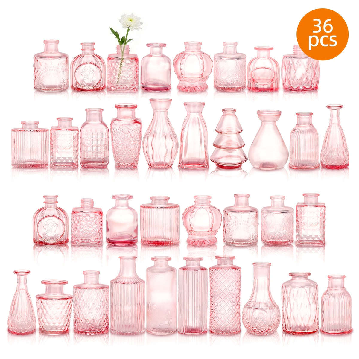 12/36pcs Pink Glass Bud Vase | Vintage Carved Glass Teardrop Vases for Wedding Decoration, Home Table Flower Arrangements, Bridal Shower & Party Favors