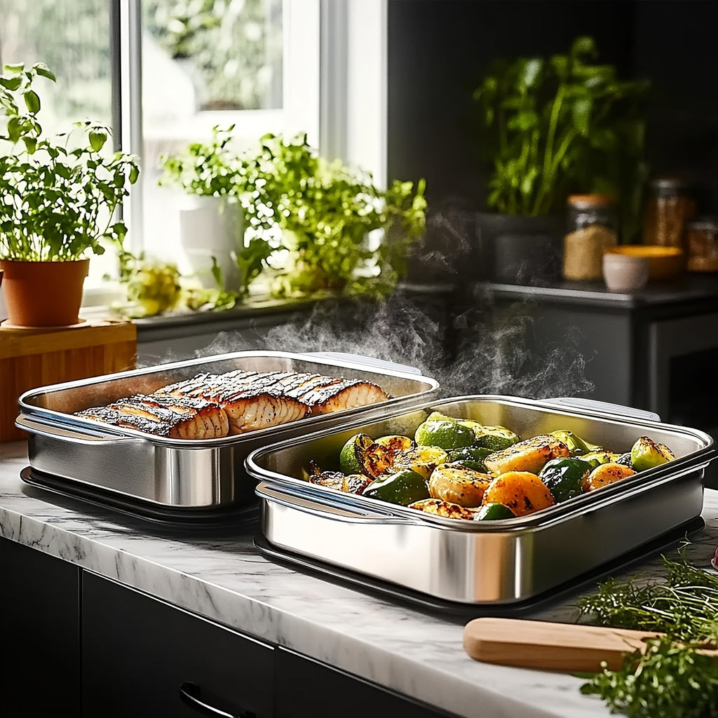 2/4/6/8pcs Extra Large Heavy Duty Stainless Steel Baking Pans with Lids - Non-Stick, Thick Rectangular Oven Trays for Desserts, Bread, And Seafood - Perfect for Bbqs, Buffet Serving Trays