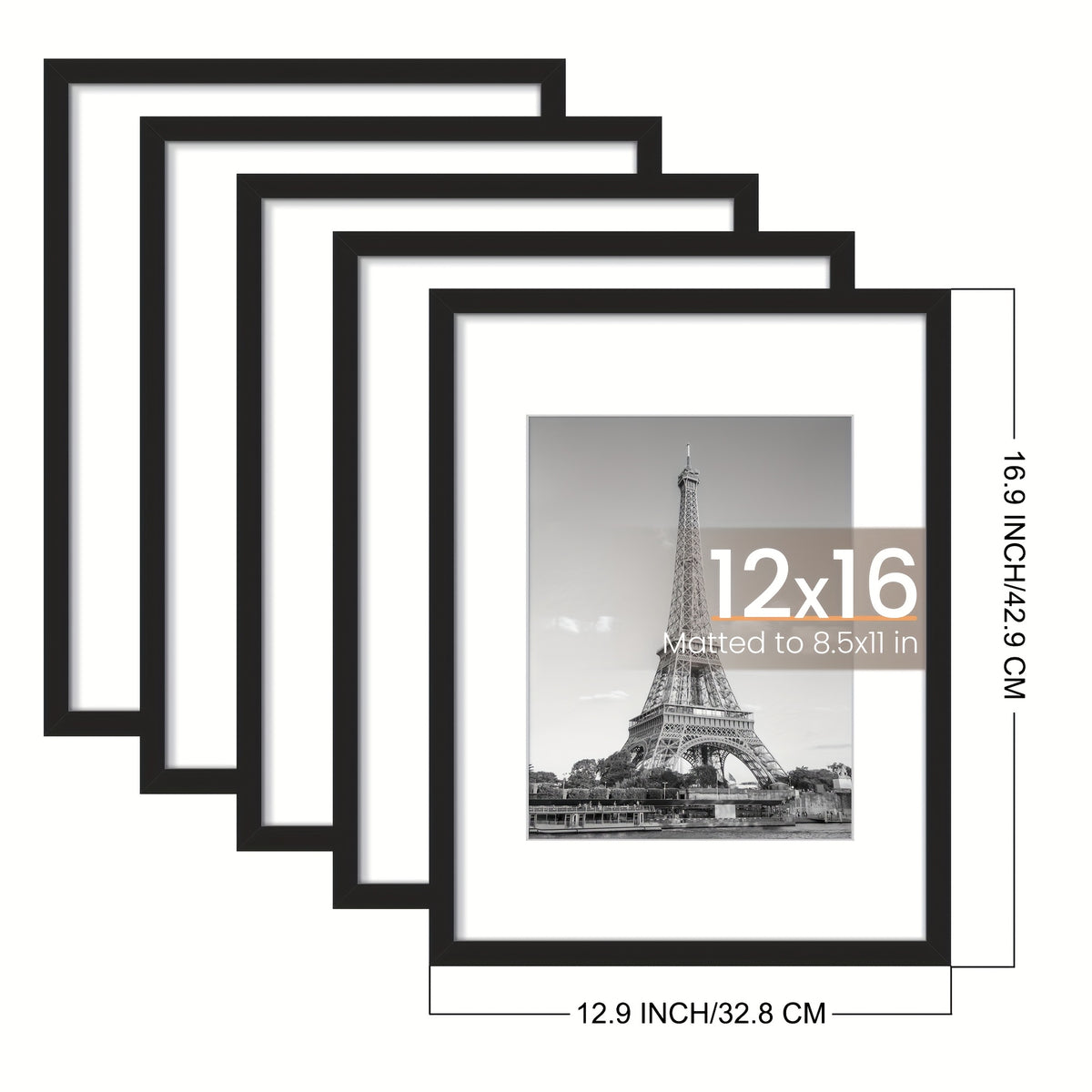 5pcs 12x16 Black Picture Frame, Display Pictures 8.5x11 with Mat Or 12 X 16 Without, Wall Gallery Poster Frames, Vertical Rectangle Picture Frame for Home, Office, Living Room, Art Decor, Birthday Party, Mother'S Day, New Year, Easter Gift