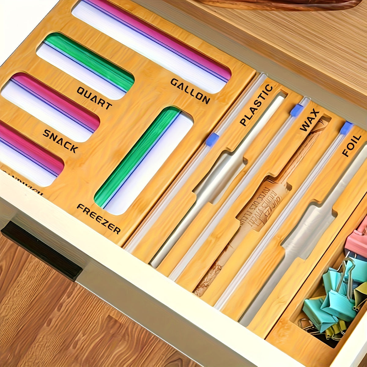 1pc 9 IN 1 Storage Bag Organizer for Kitchen Drawer, Bamboo Foil And Plastic Wrap with Cutter, Organizers Compatible Gallon, Quart, Sandwich Snack Size