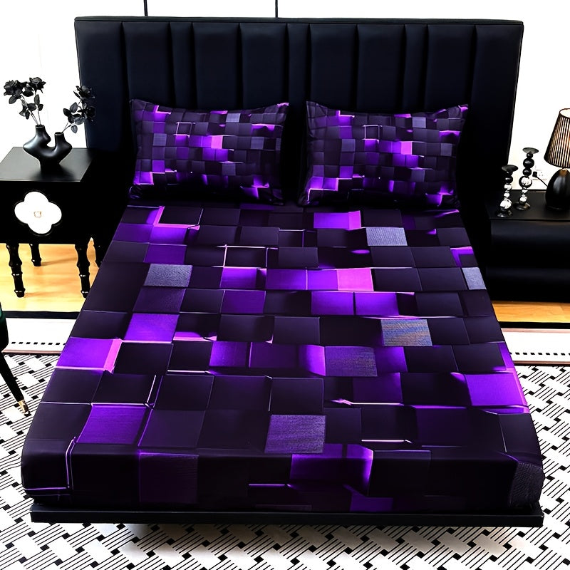 2D Flat 3pcs Cool Technology Digital Printing Material Plaid Fitted Sheet(1pc Bed Sheet+2pcs Pillowcase No Filling) Deep Pocket In 15 Inch, At Home Dormitory Suitable for All Seasons Mattress Protector